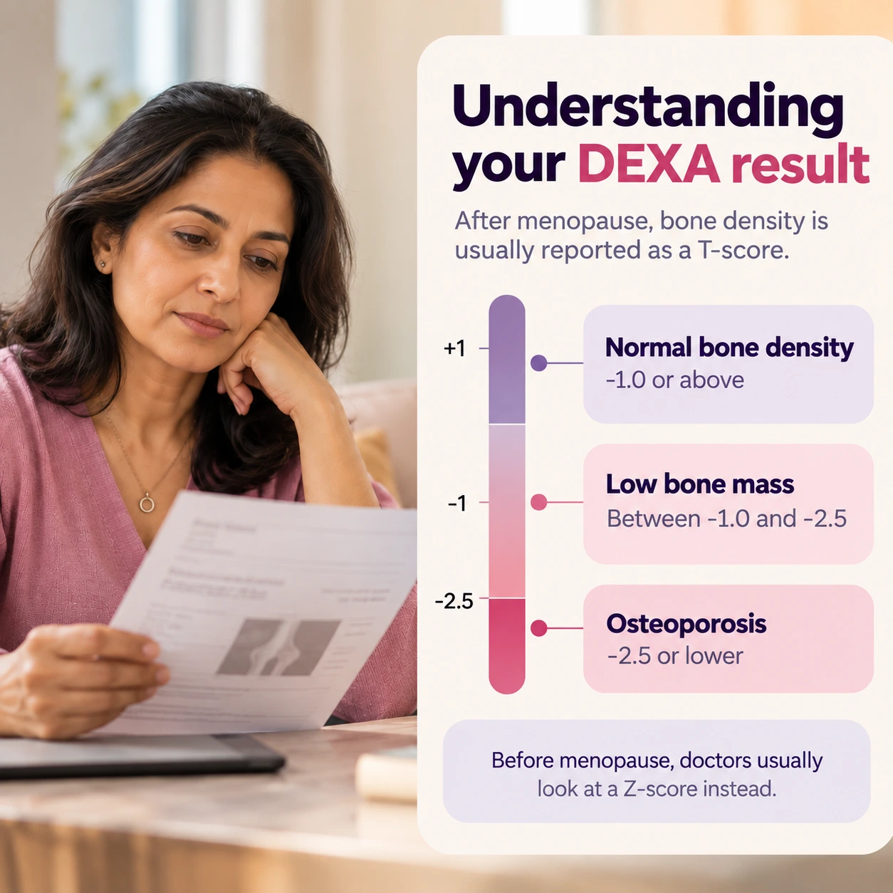 DEXA scan T-score ranges for normal bone density, low bone mass and osteoporosis after menopause