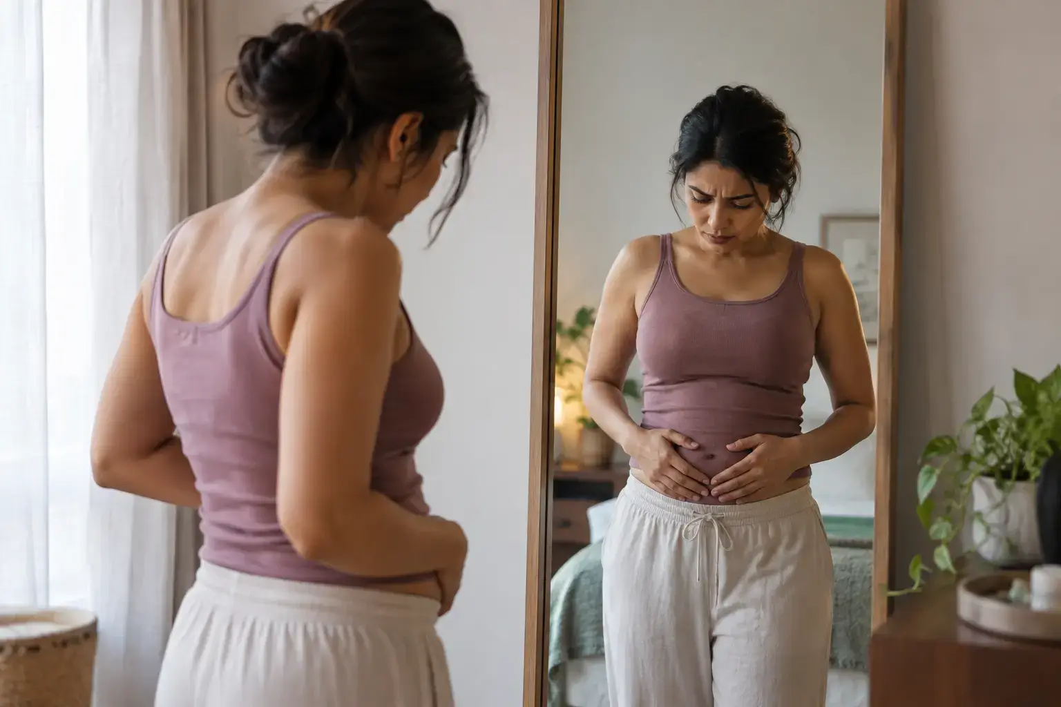 Indian woman with perimenopause bloating checking her stomach in the mirror.