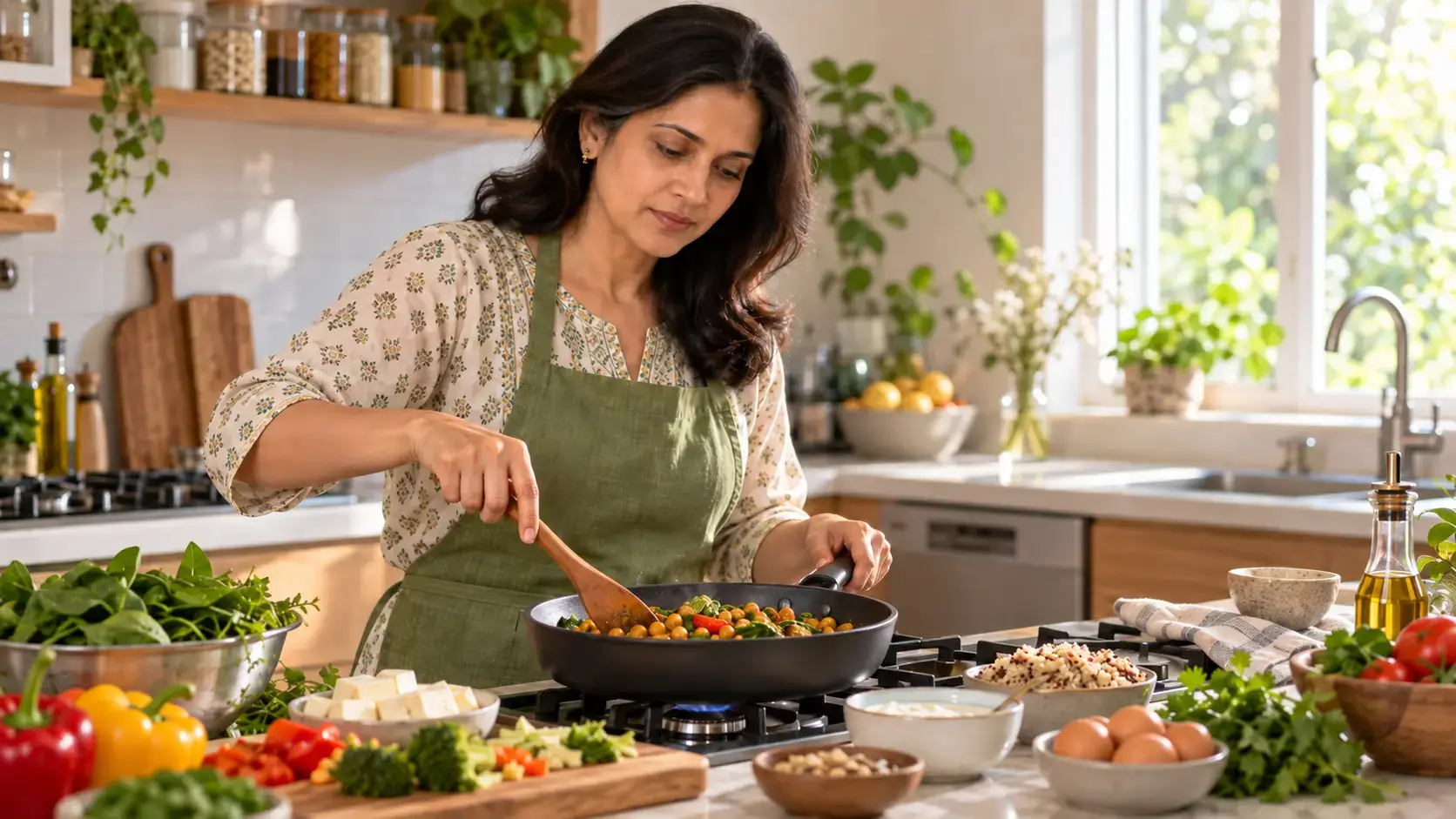 High protein diet women over 40: Indian woman preparing a protein-rich meal with eggs, paneer, chickpeas and vegetables.