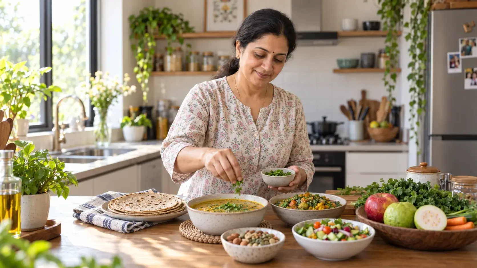 Fibre for menopause – Indian woman garnishing dal in a home kitchen