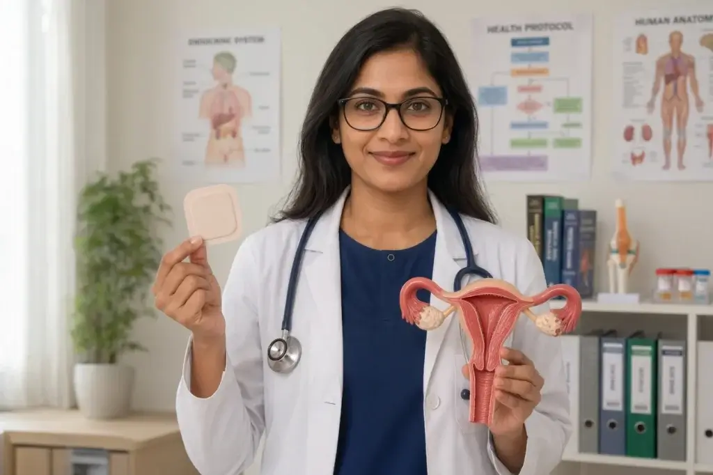 Female doctor holding an estrogen patch and a model of the female reproductive system in a medical clinic.