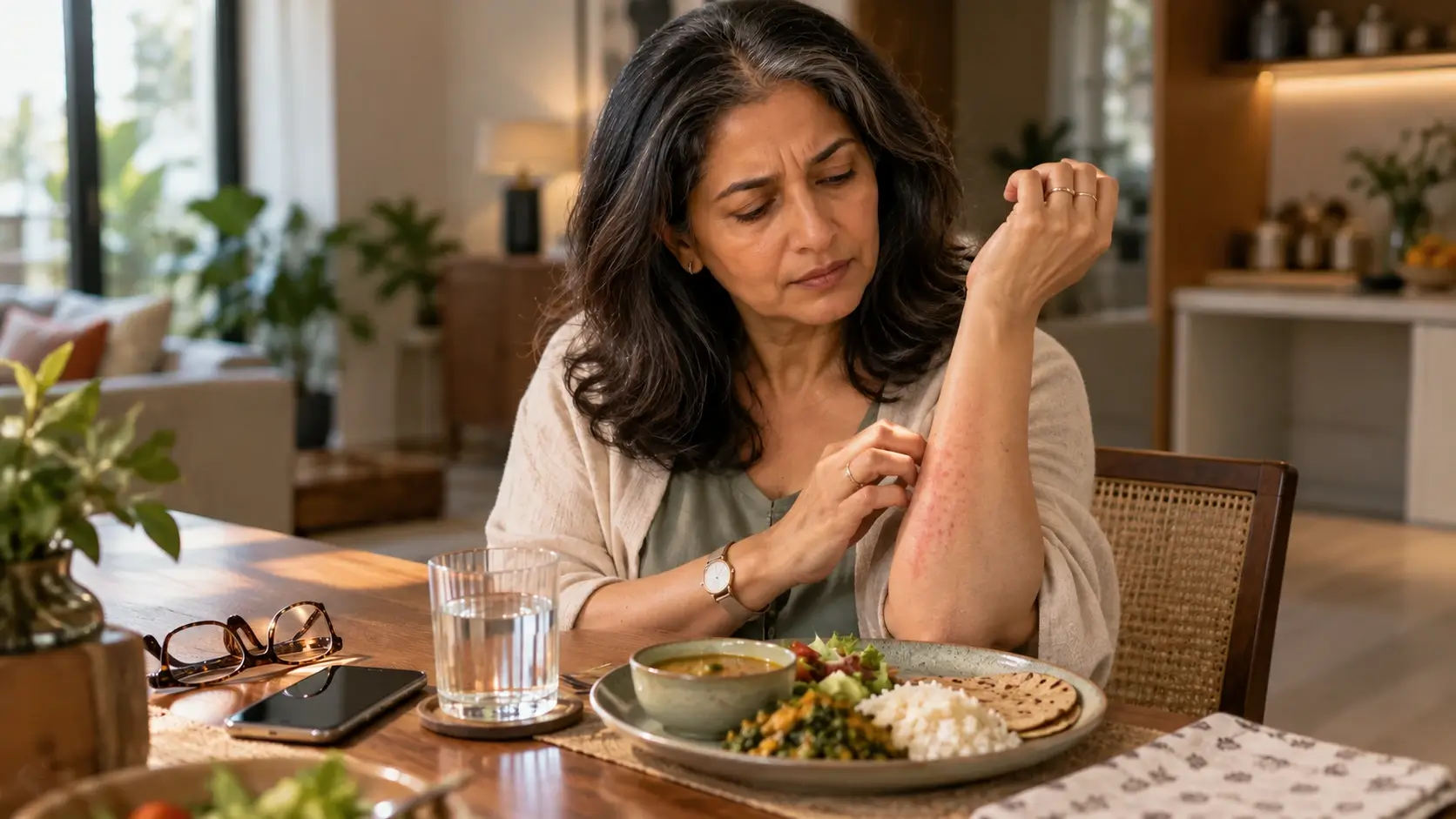 Indian woman experiencing itchy hives and a possible menopause-related skin reaction after 40