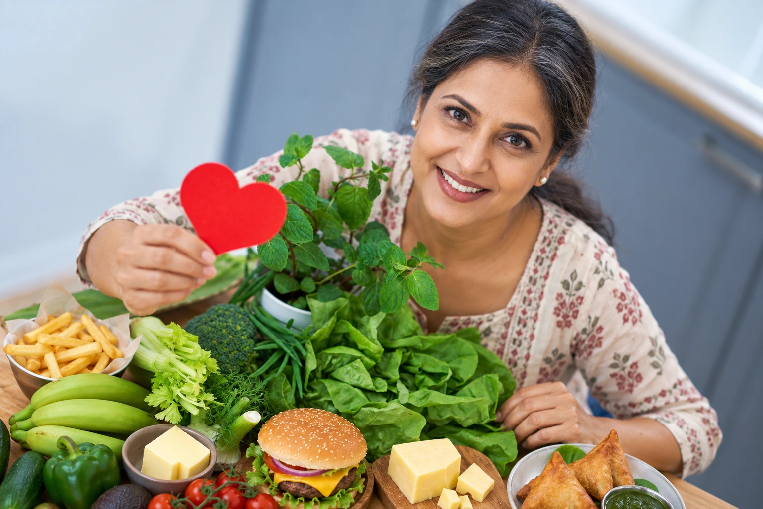 Indian woman in her 40s reviewing heart-healthy and high-cholesterol foods during menopause.