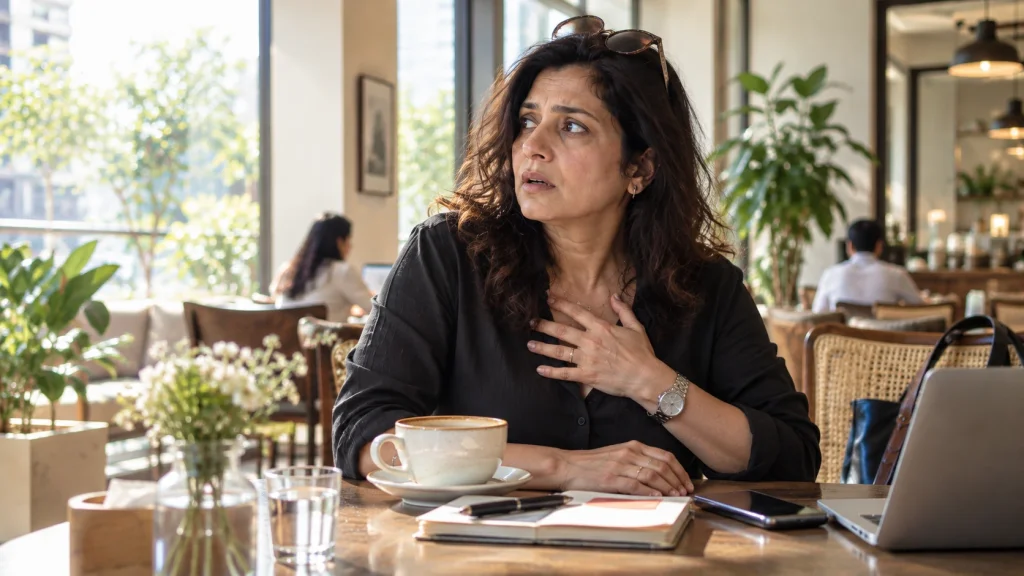 Woman experiencing perimenopause anxiety and a panic attack in a café.