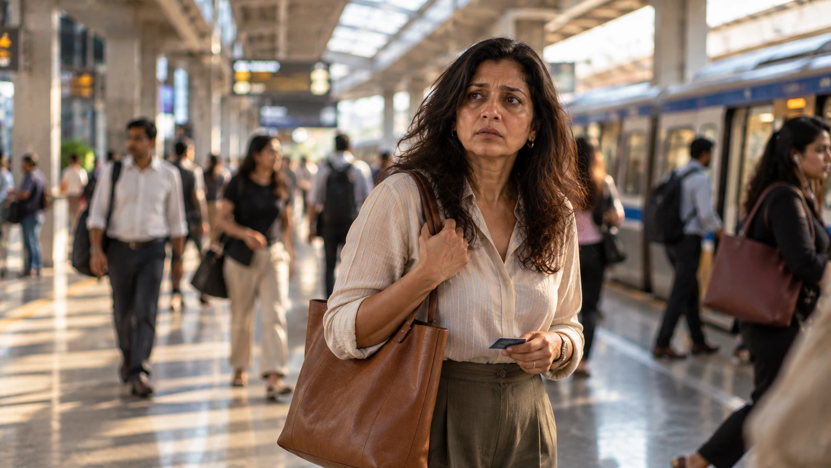 Indian woman experiencing menopause anxiety during her daily commute.
