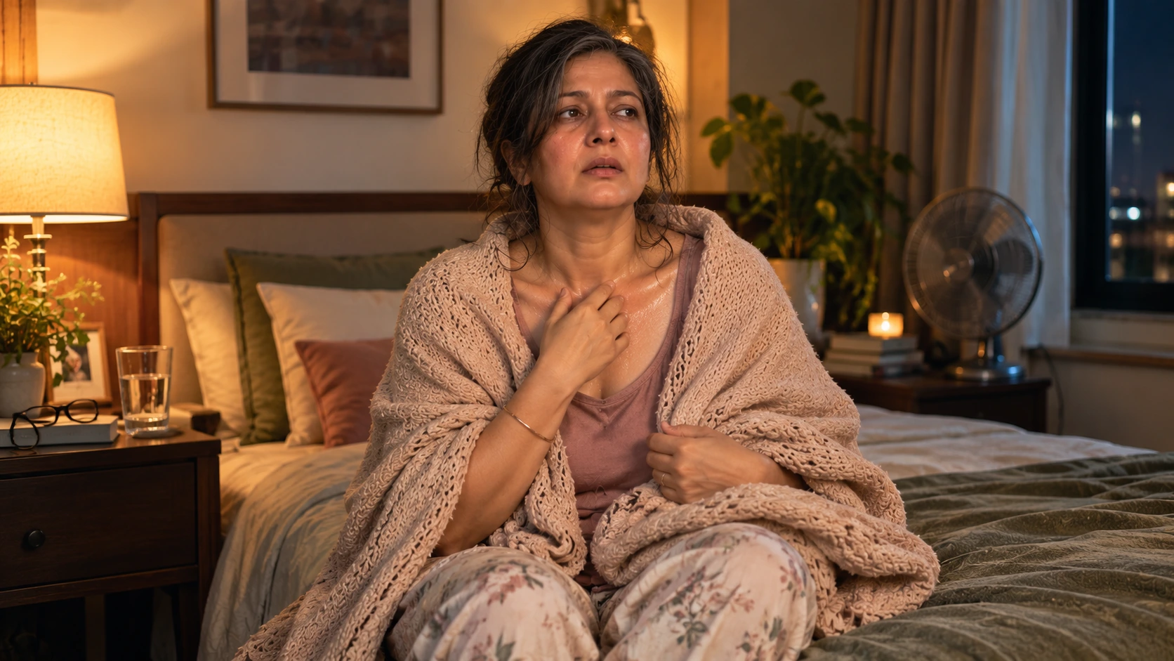 Indian woman experiencing chills and hot flashes at night during menopause.