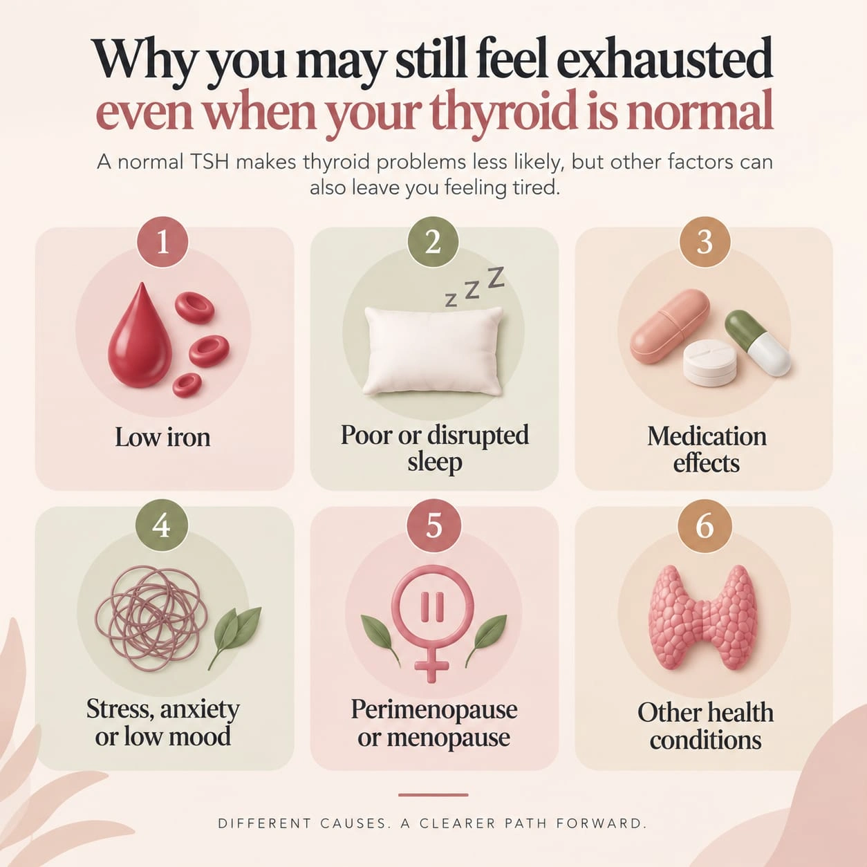 Thyroid fatigue infographic showing six possible causes of exhaustion despite a normal TSH, including low iron, disrupted sleep, medication effects, stress, menopause and other health conditions.
