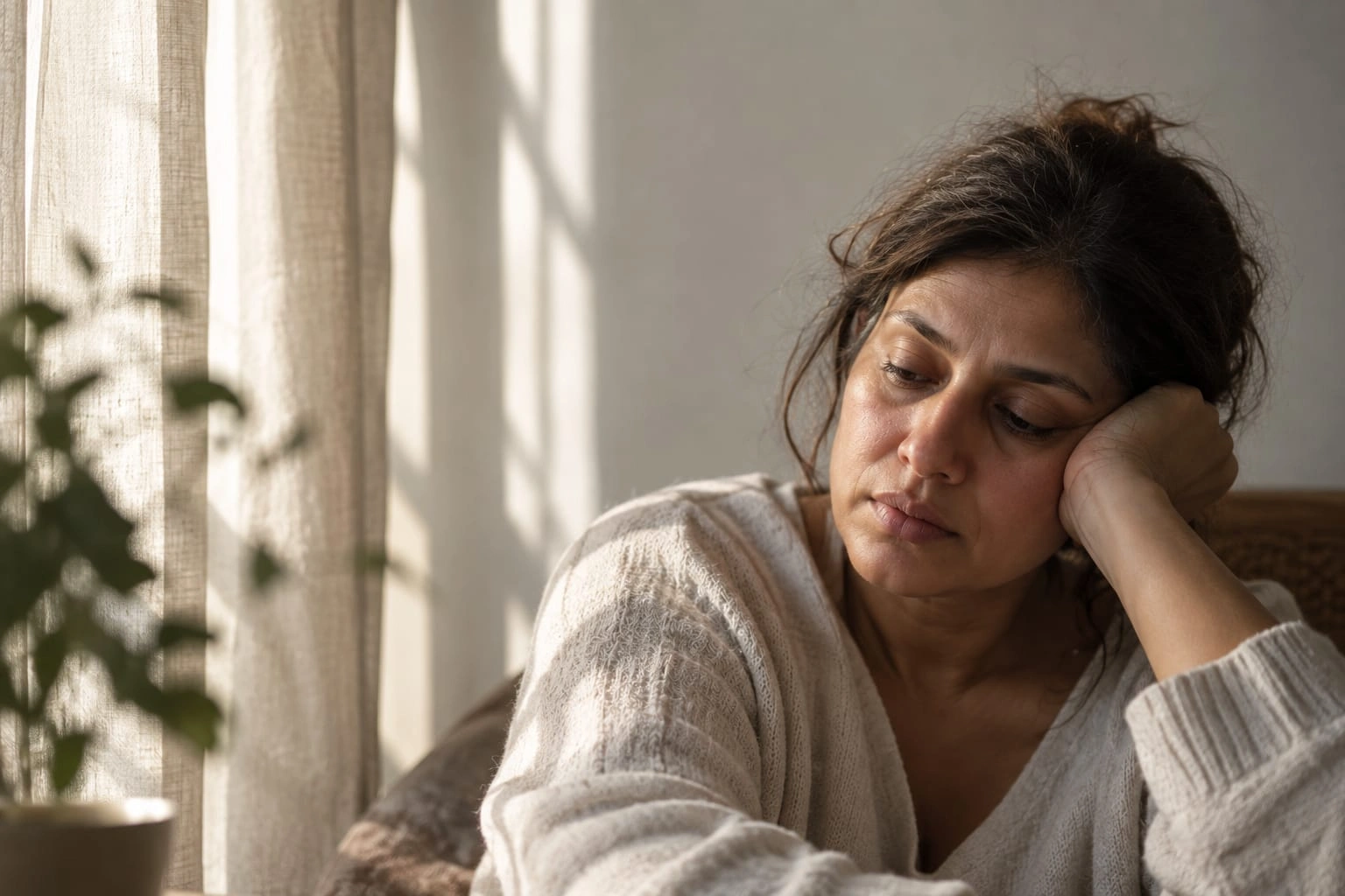 Middle-aged woman experiencing thyroid fatigue and persistent exhaustion despite a normal TSH