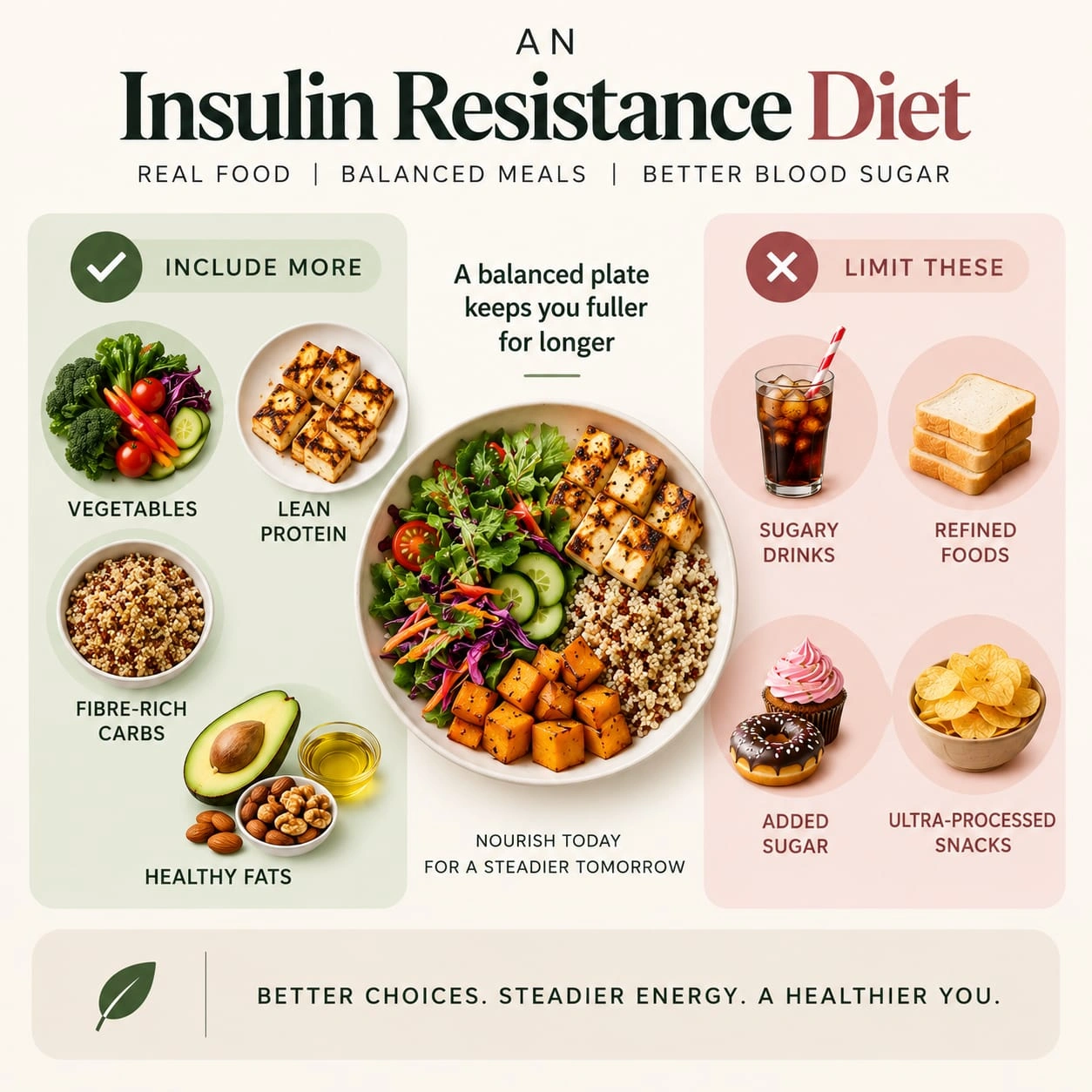 Insulin resistance diet foods including vegetables, protein, fibre-rich carbohydrates and healthy fats