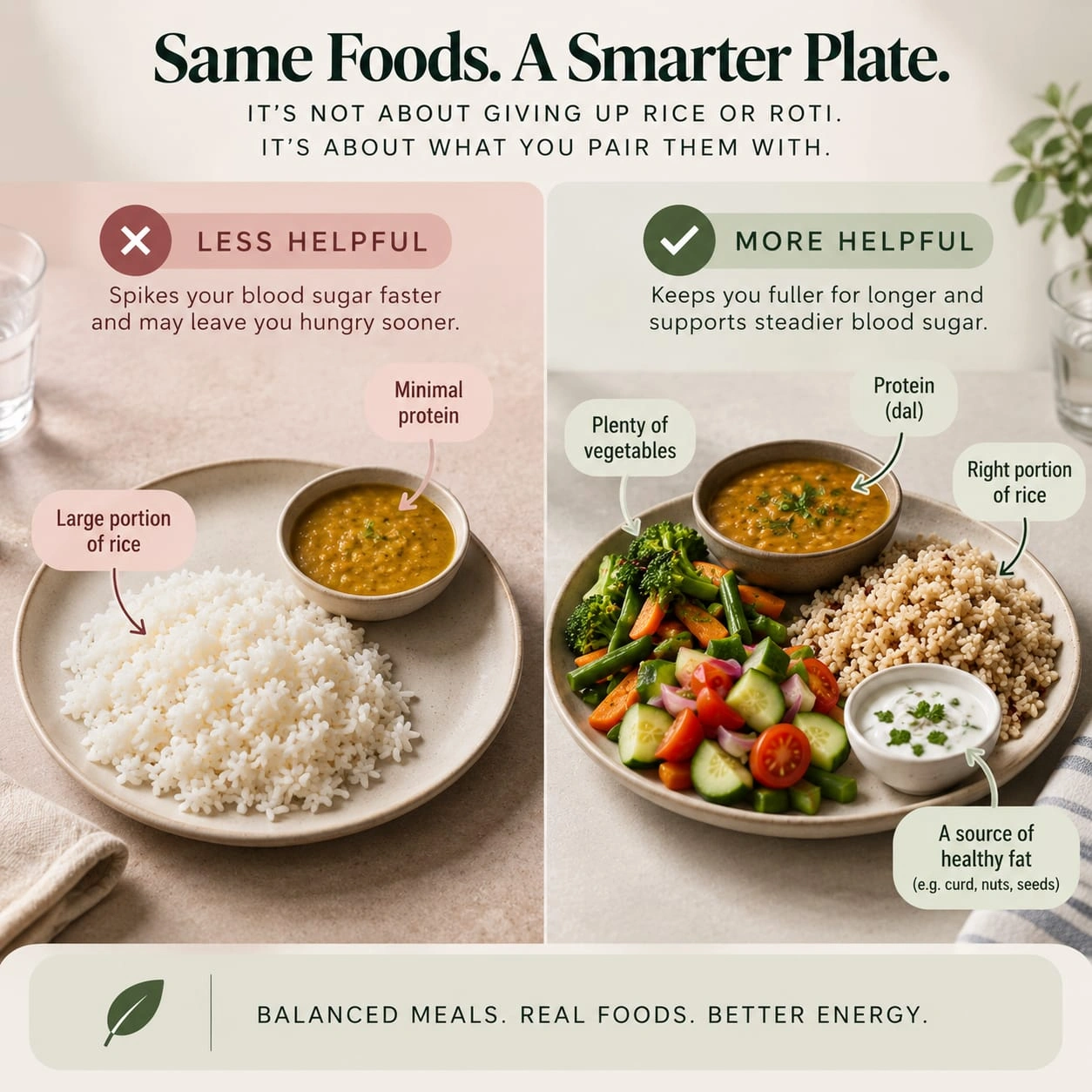 Balanced rice meal for an insulin resistance diet with vegetables, dal and healthy fats