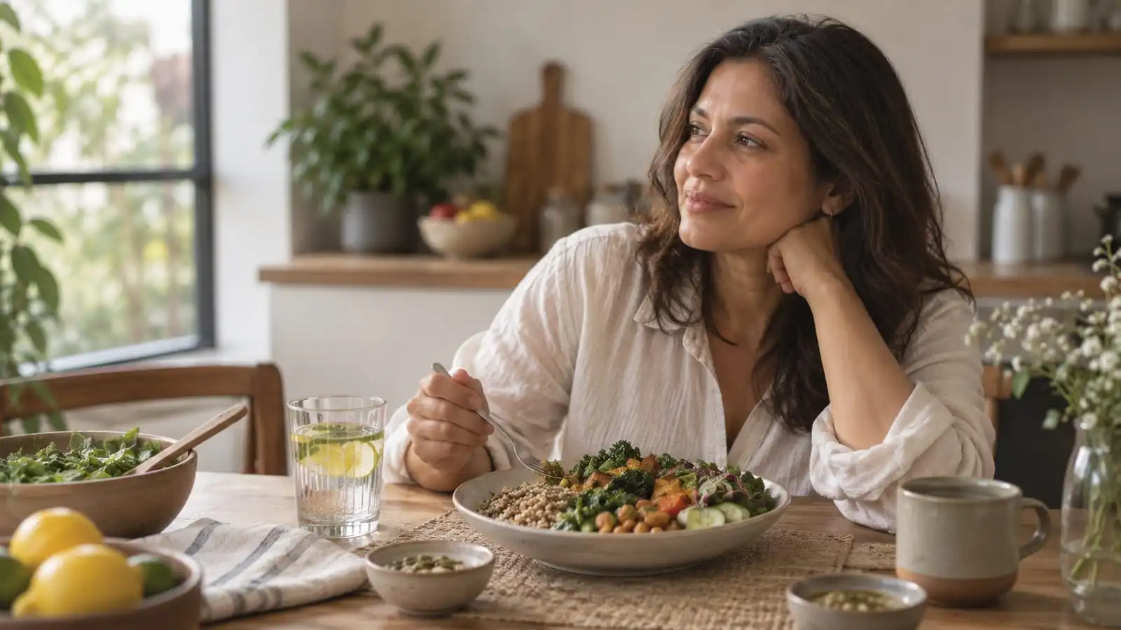 Woman enjoying a balanced meal as part of an insulin resistance diet