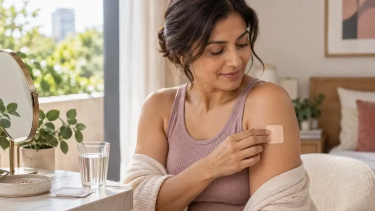 Woman applying an estrogen patch in India for HRT