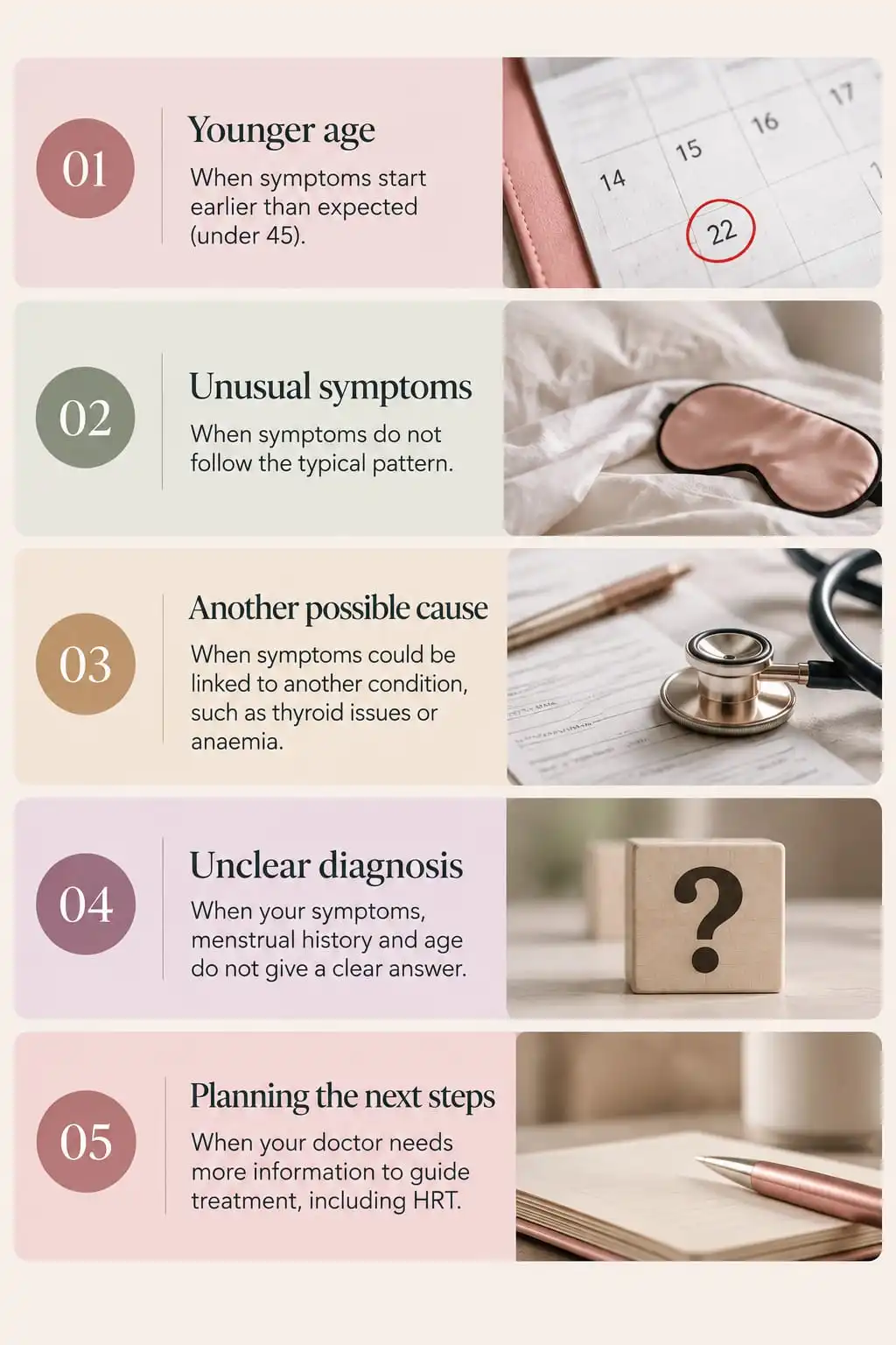 Menopause blood tests may be considered for younger age, unusual symptoms, possible underlying conditions, unclear diagnosis or HRT planning