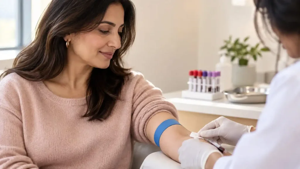 Woman having a blood test during a menopause consultation, representing menopause blood tests before HRT