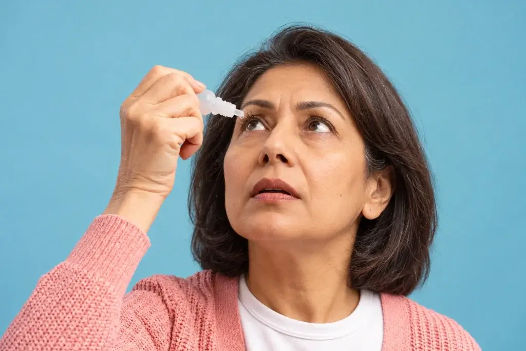 Indian woman using artificial tears for dry eyes during perimenopause.