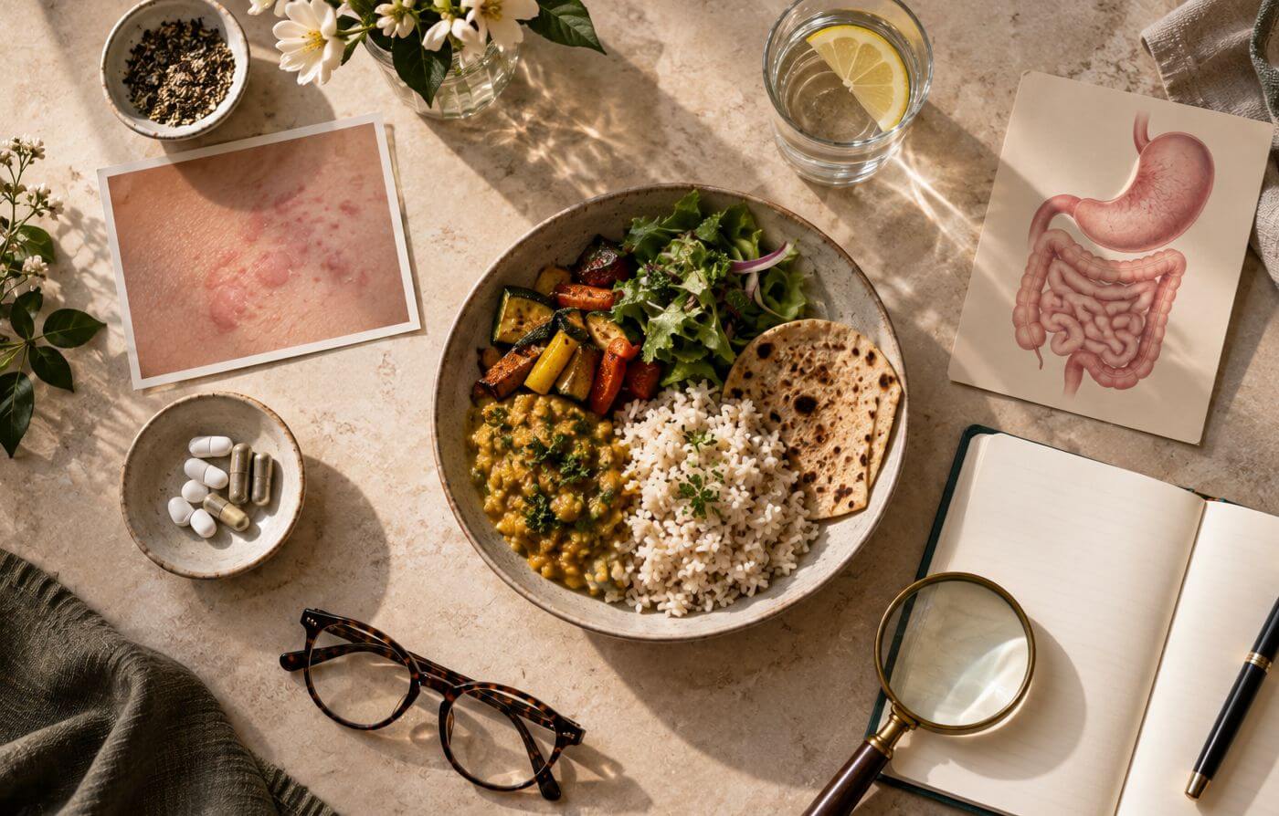 Food allergy, food intolerance and chronic urticaria represented through a meal, skin reaction and digestive health visual.