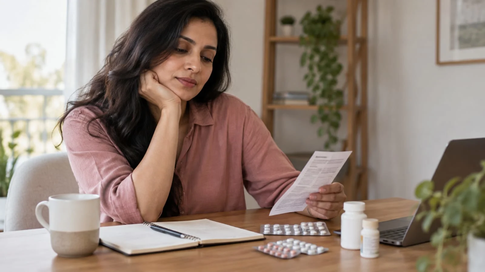 Indian woman considering HRT costs while reviewing medication and healthcare information at home