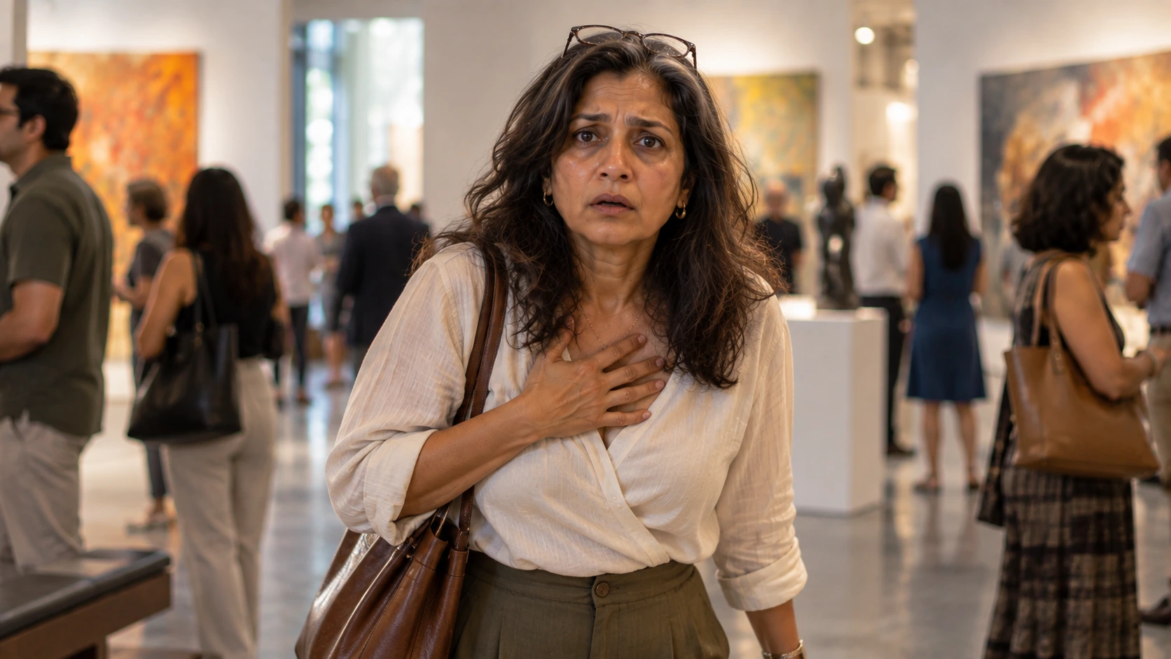 Indian woman experiencing menopause anxiety during an ordinary day.