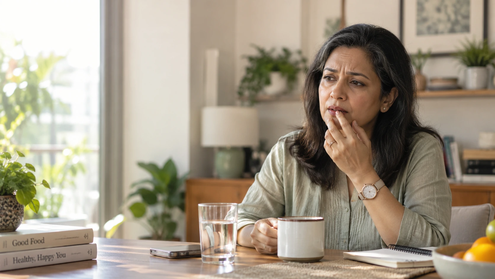 Indian woman in her 40s experiencing a burning mouth sensation and altered taste during menopause.