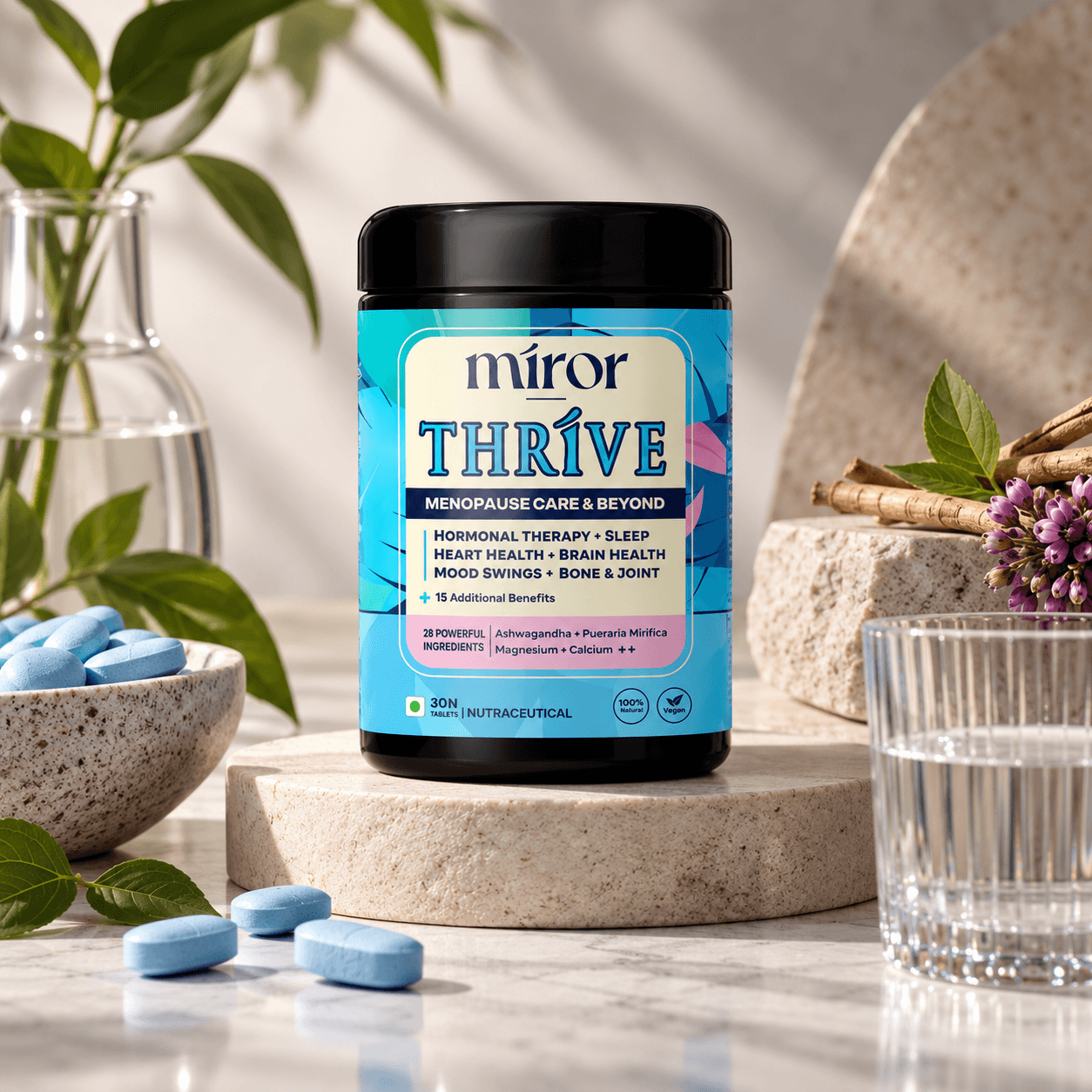 Miror Thrive menopause supplement tablets for bone and joint health.