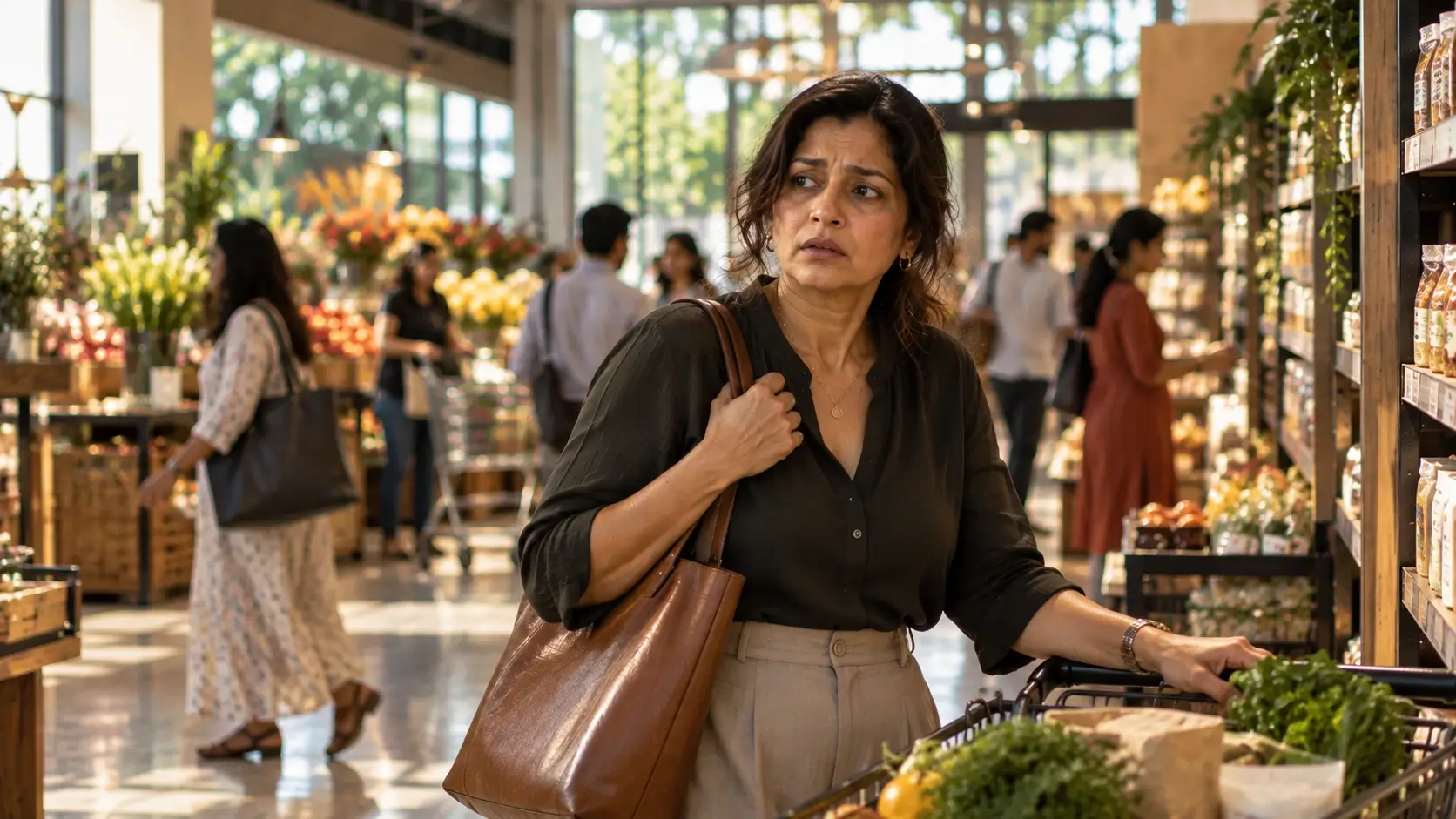 Indian woman experiencing physical symptoms of anxiety during perimenopause while grocery shopping.