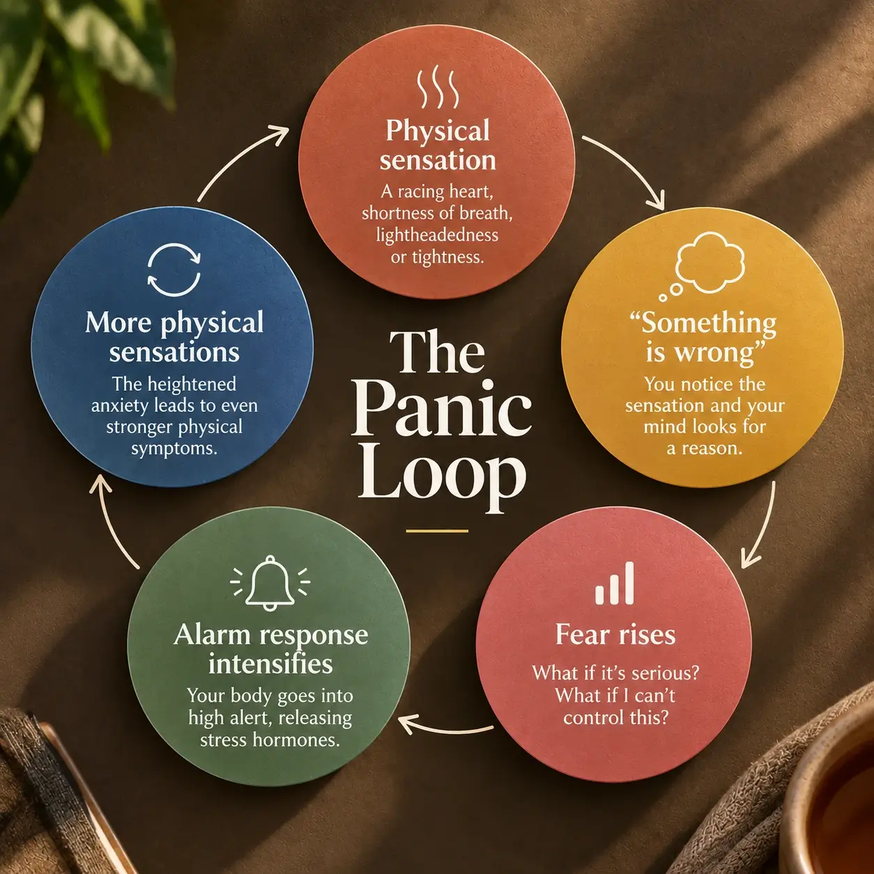 Panic loop showing how physical sensations can trigger fear, alarm response and stronger anxiety symptoms.