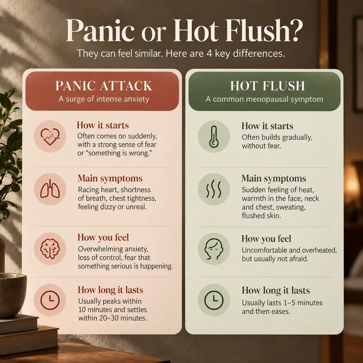 Panic attack versus hot flush during perimenopause showing four key differences.