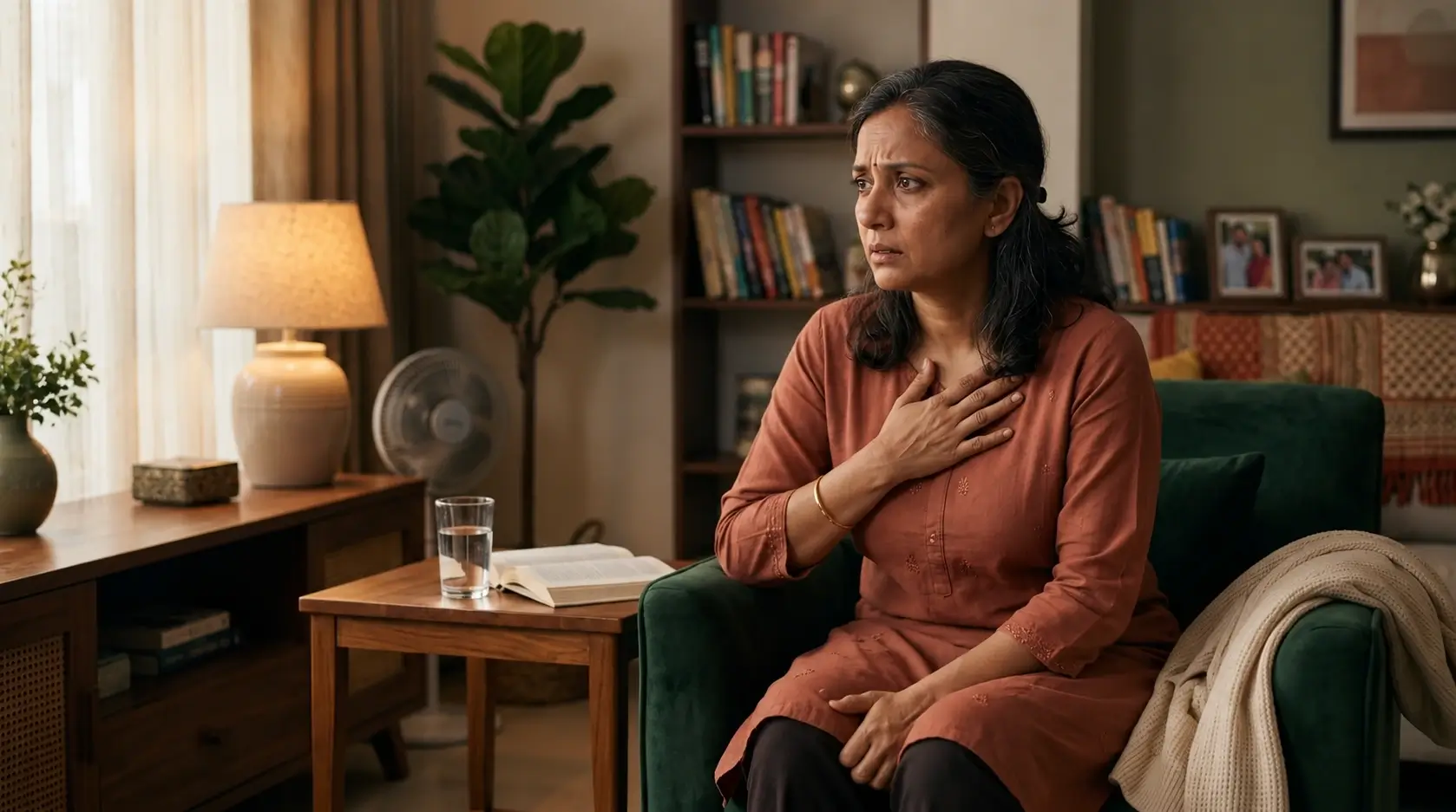 Indian woman in her 40s experiencing anxiety and panic symptoms during perimenopause.