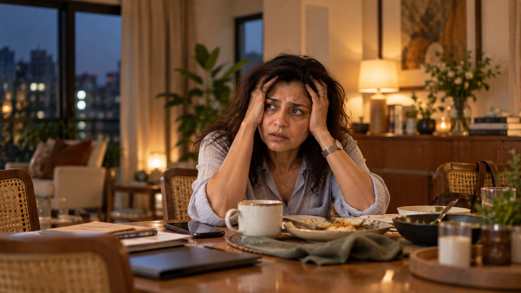 Woman experiencing perimenopause mood swings and emotional overwhelm at home.