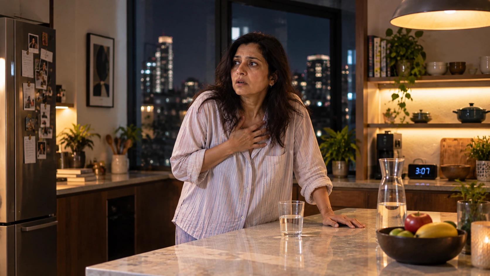 Woman experiencing perimenopause anxiety at night after waking at 3 AM.