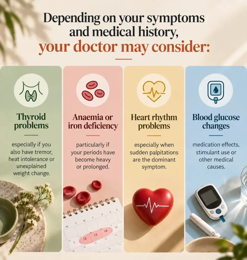 Physical causes to rule out when new panic or anxiety symptoms begin in perimenopause.
