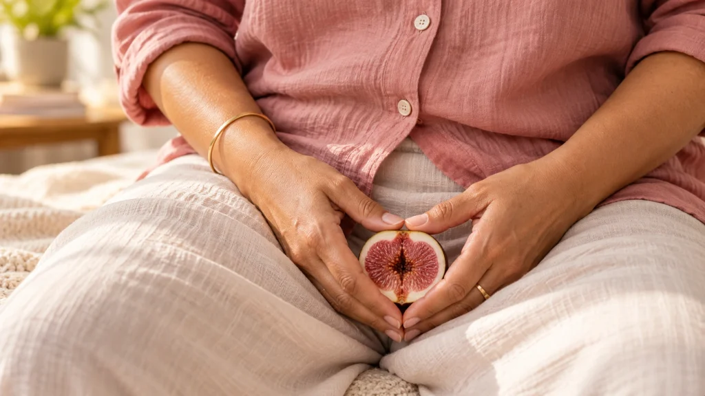 Midlife Indian woman holding a halved fig near her pelvic area, representing vaginal health and natural remedies for vaginal dryness.