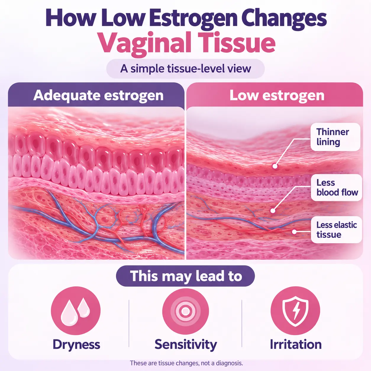 Medical illustration comparing healthy vaginal tissue with tissue affected by low estrogen, showing changes in thickness, blood flow and elasticity linked to vaginal dryness.