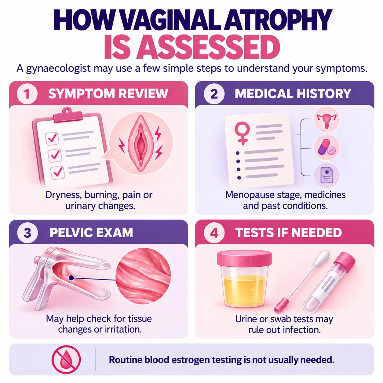 Medical infographic showing four parts of a vaginal atrophy assessment: symptom discussion, medical history, pelvic examination and tests when needed.