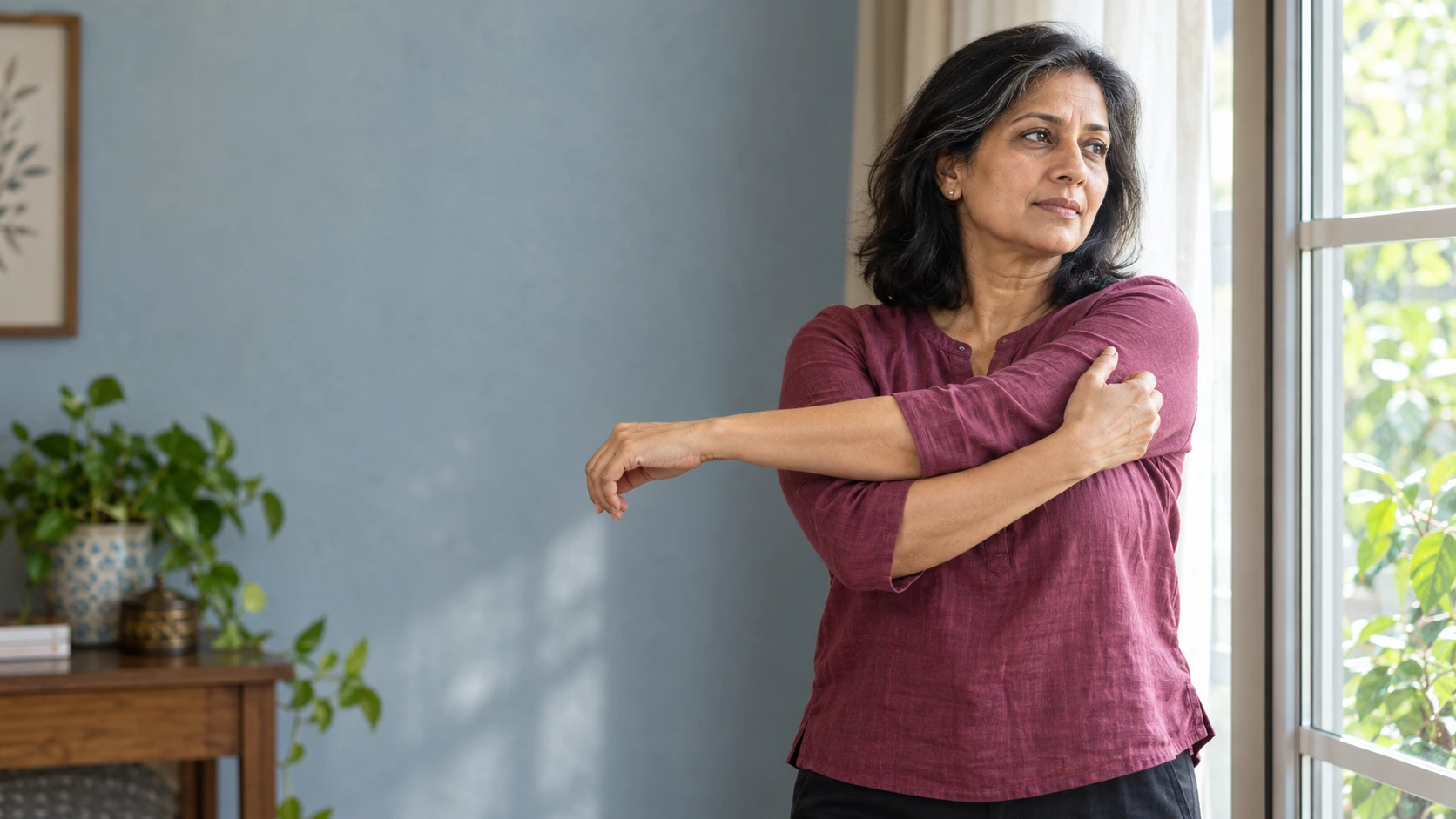 Midlife Indian woman gently stretching her shoulder beside a sunlit window.