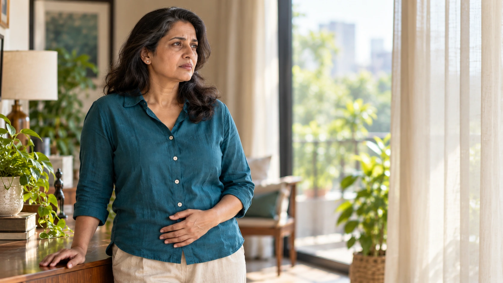 Midlife Indian woman resting her hand on her lower abdomen while experiencing discomfort.