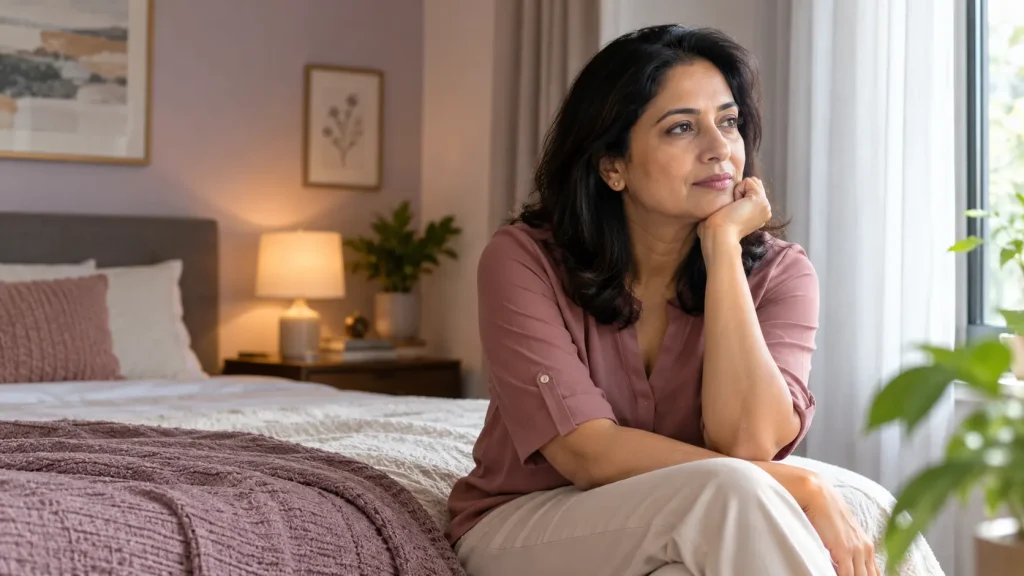 Middle-aged Indian woman sitting thoughtfully on her bed near a window during menopause, a life stage associated with genitourinary syndrome of menopause (GSM).