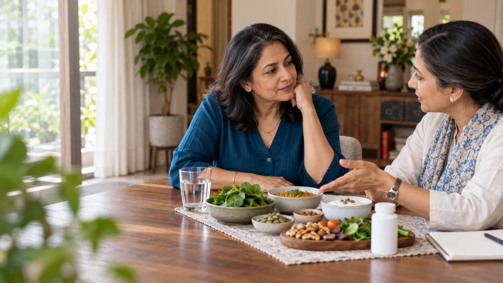 Midlife Indian woman discussing nutrition and supplements with a female nutrition professional.