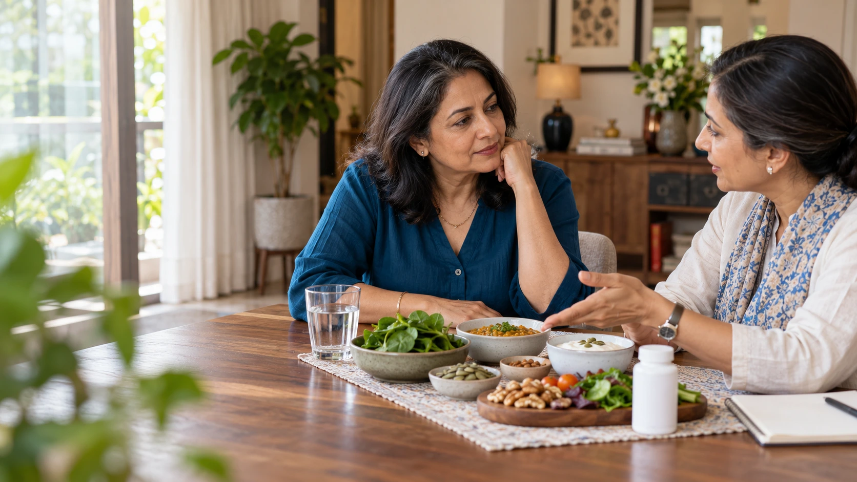 Midlife Indian woman discussing nutrition and supplements with a female nutrition professional.