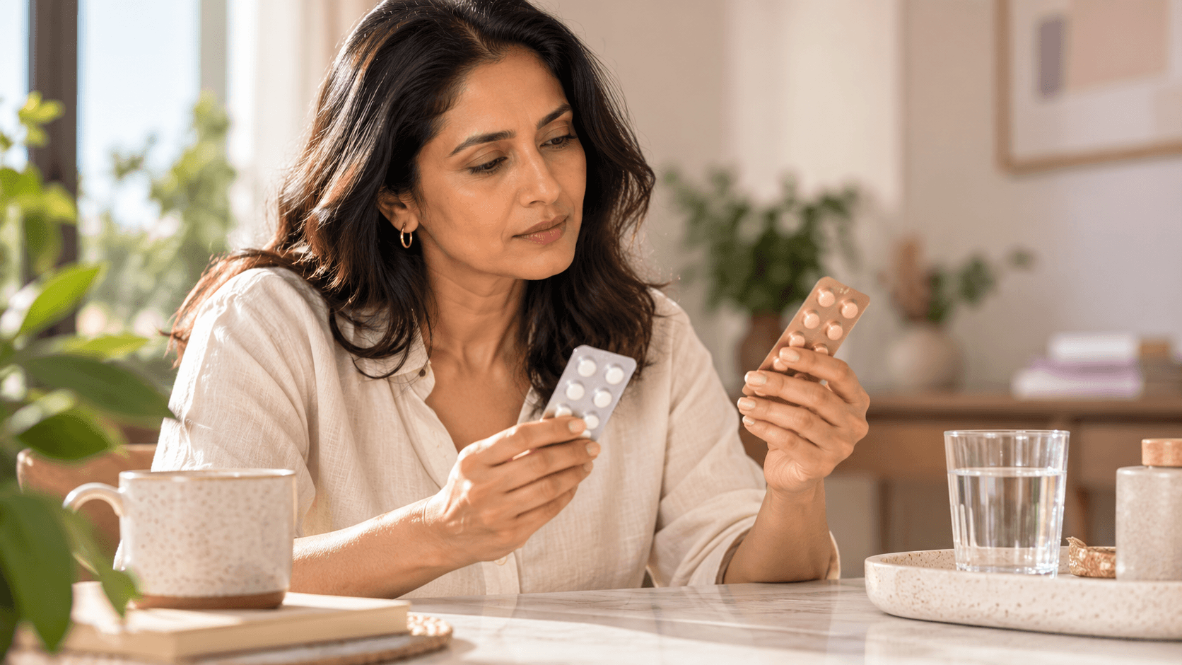 Indian woman comparing HRT medication options for menopause treatment, including dydrogesterone and micronized progesterone.