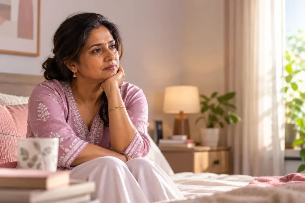 Middle-aged Indian woman sitting thoughtfully on her bed, reflecting on midlife health changes associated with low estrogen symptoms and vaginal dryness.