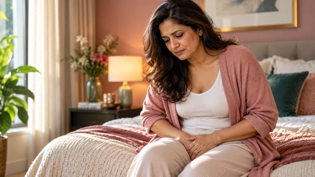 Indian woman experiencing intimate discomfort associated with vaginal dryness and itching, highlighting women's health concerns during midlife.