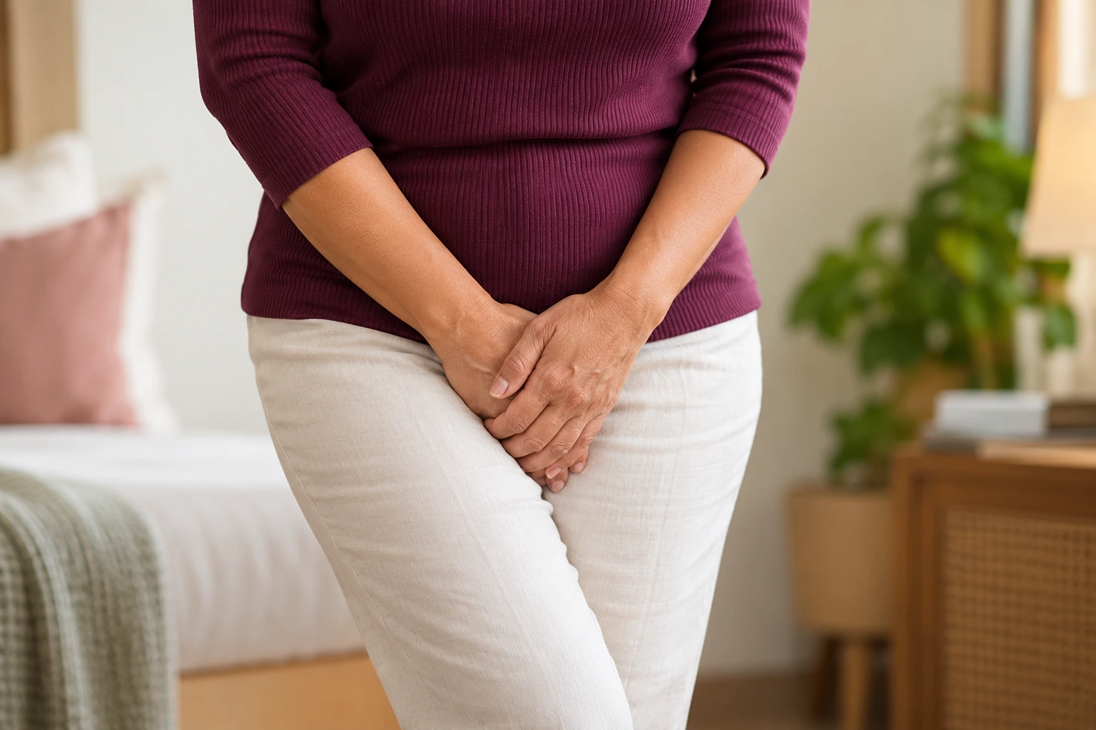 Close-up of a middle-aged woman holding her pelvic area, illustrating vaginal discomfort associated with vaginal atrophy during menopause.