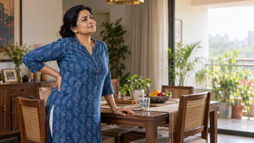 Midlife Indian woman standing at a dining table and placing a hand on her lower back.