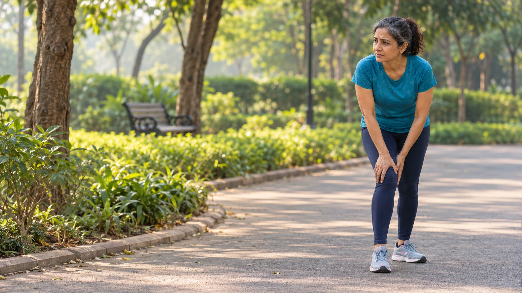 Midlife Indian woman holding her knee while experiencing discomfort during a walk in the park.