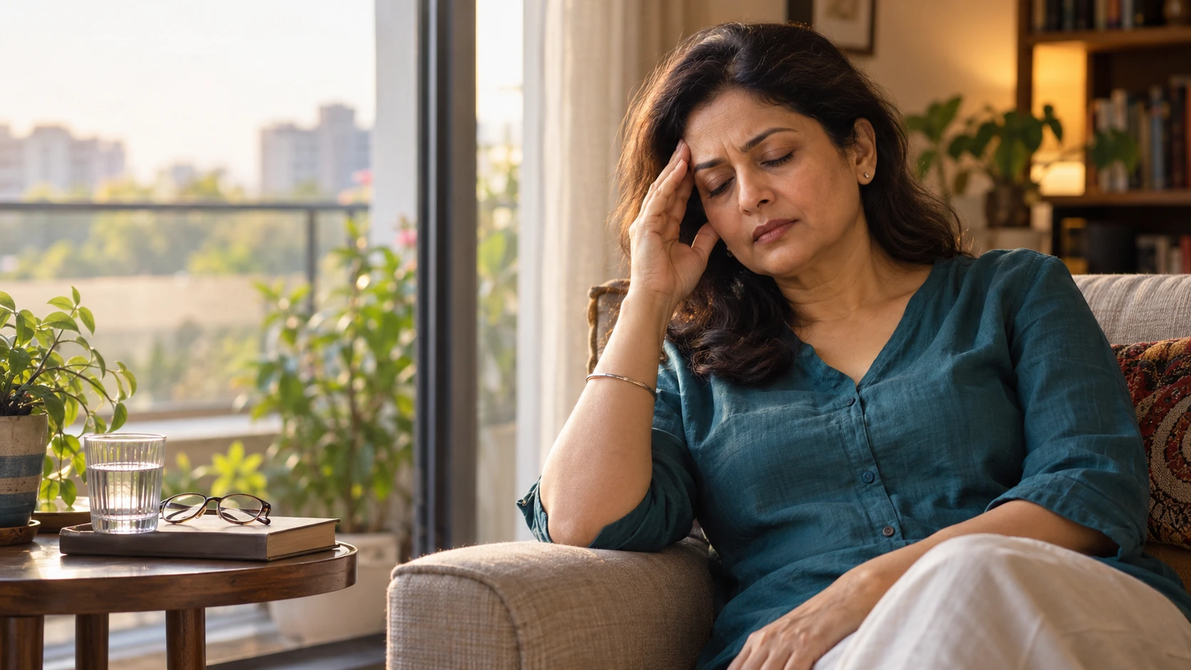 Indian woman experiencing a headache during midlife, resting her hand against her temple.