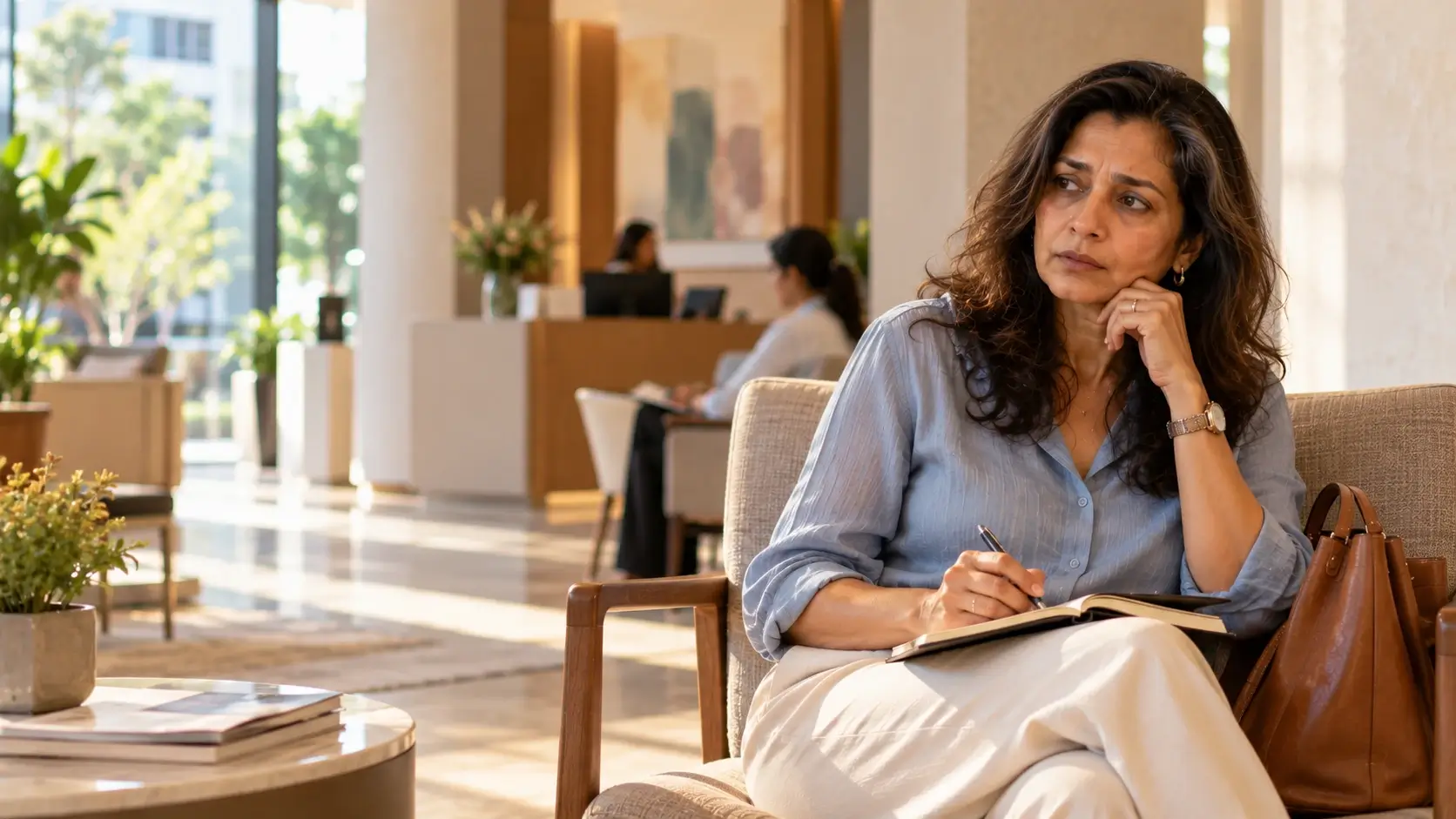 Indian woman reflecting on perimenopause anxiety before a medical appointment